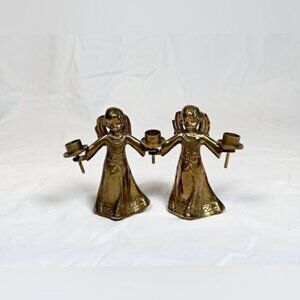 Vintage Set of Brass Dual Christmas Holiday Angels Candle Holders